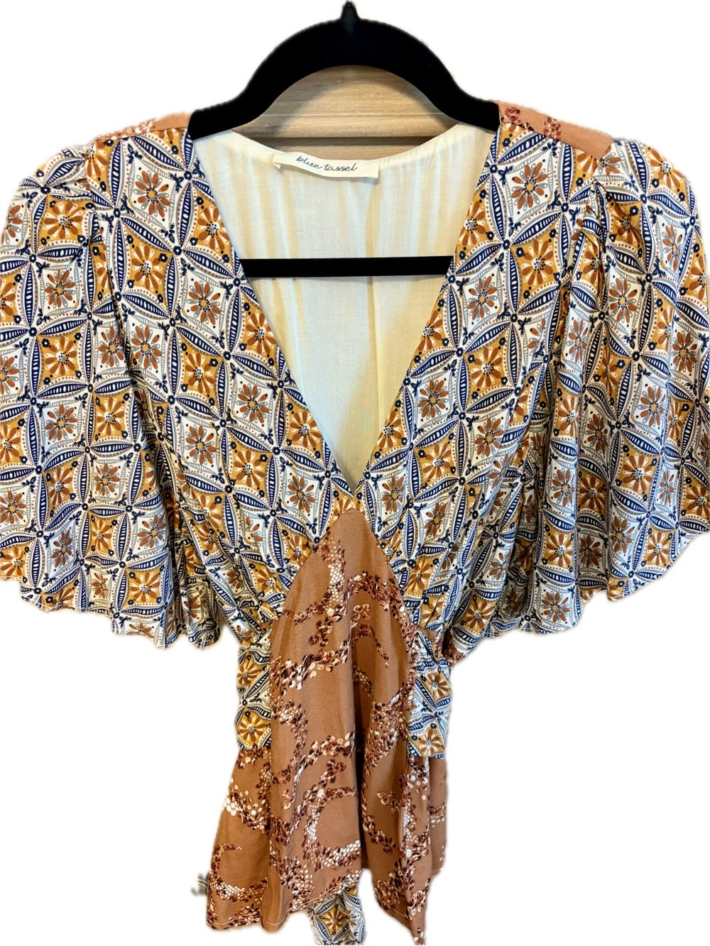 Blue Tassel Printed Wrap Waist Blouse in Cognac and Blue